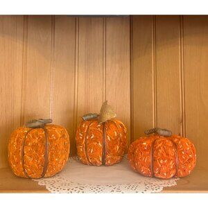 Set Of 3 Decorative Handcrafted Orange Wood Pumpkins Autumn Rustic Natural Hallo